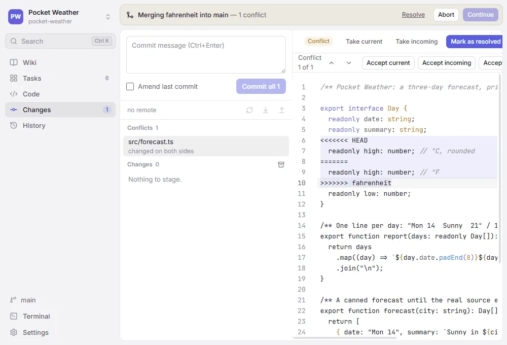 A merge conflict in Changes: the banner above, the conflicted file with its markers, and the buttons that resolve it