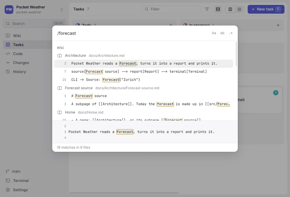 Searching for "forecast": matches grouped into wiki, tasks and code, with the selected line in context
