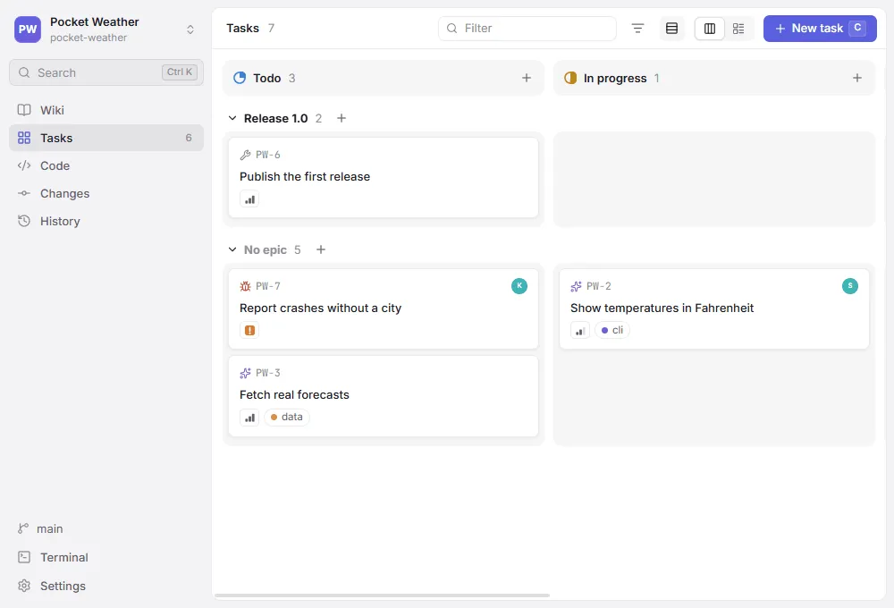 The task board with one swimlane per epic, and task types as icons on the cards