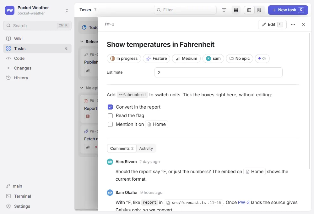 A task with its properties, a checklist, references and two comments